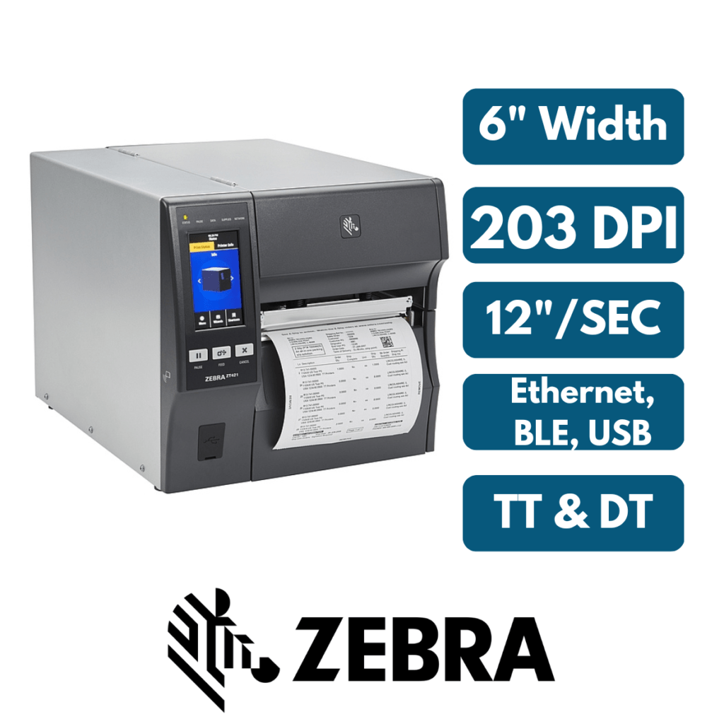 Zebra ZT421, 203 DPI, Ethernet, USB, Bluetooth connectivity, 14"/sec speed