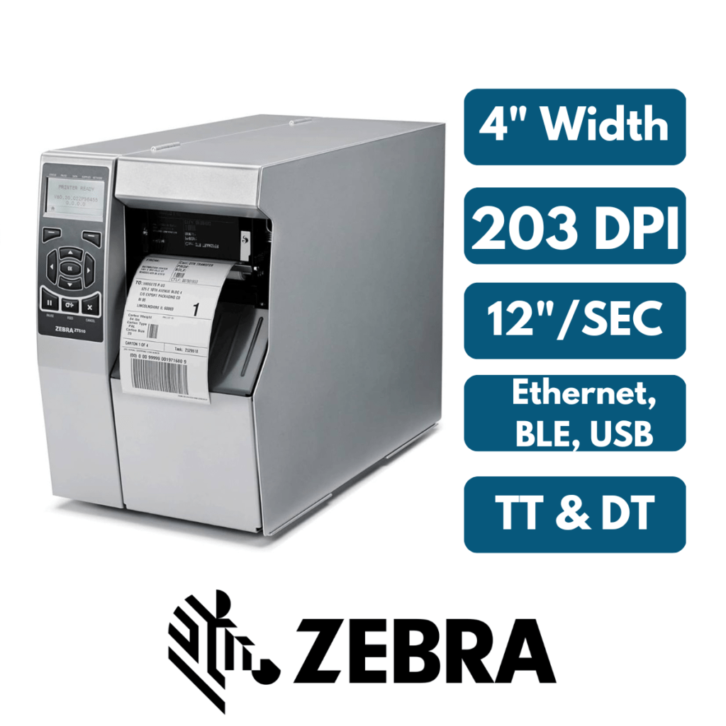Zebra ZT510, 203 DPI, Ethernet, USB, Bluetooth connectivity, 12"/sec speed