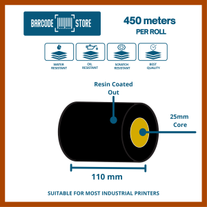 Resin Ribbons R- 110mm x 450mtrs, 25mm core