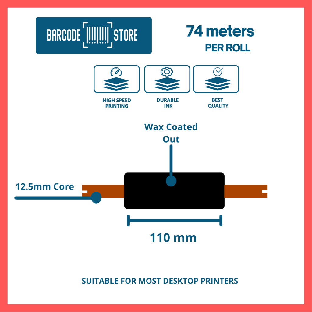 Wax Ribbons W- 110mm x 74mtrs, 12.5mm core