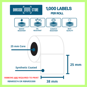 Barcode Synthetic Labels P-38mm x 25mm, 1,000 Labels / Roll