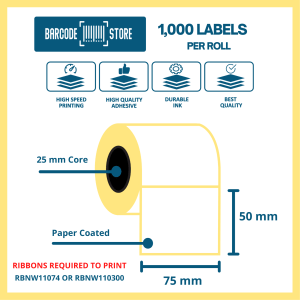 Barcode Paper Labels T-75mm x 50mm, 1,000 Labels / Roll