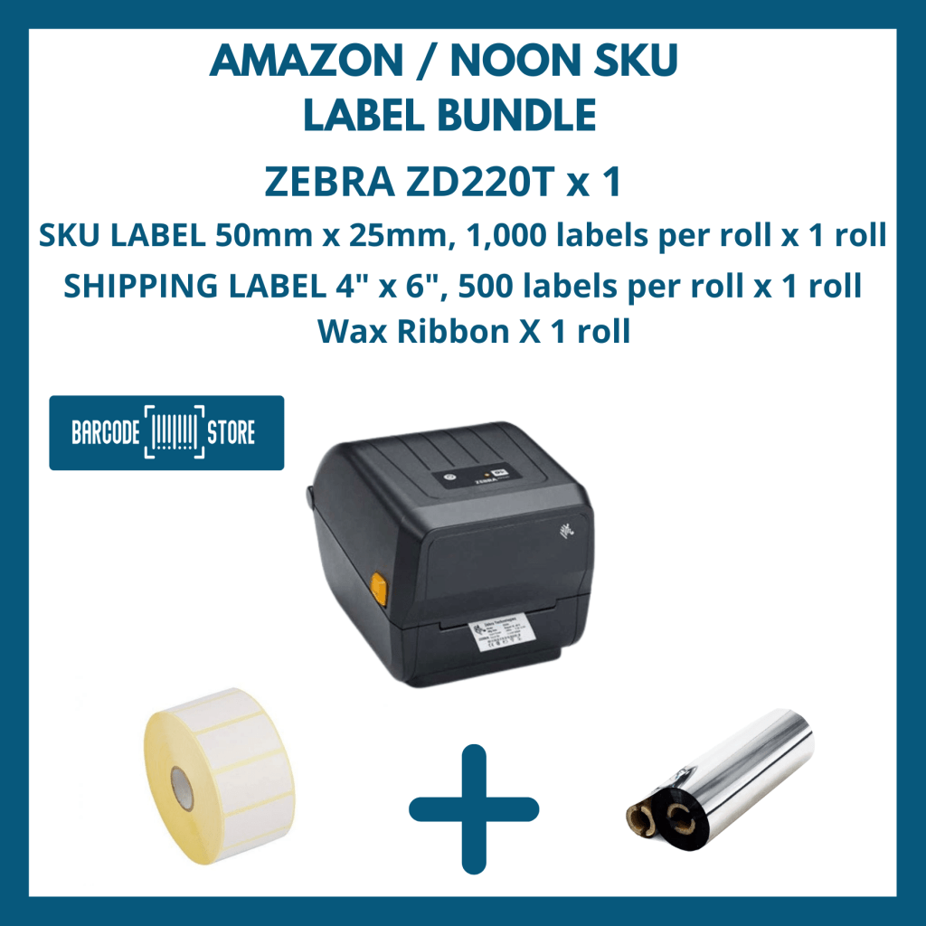 Amazon/Noon SKU & Shipping Label Bundle - Zebra ZD220t + 50mm x 25mm + 4" x 6"+ Wax Ribbon