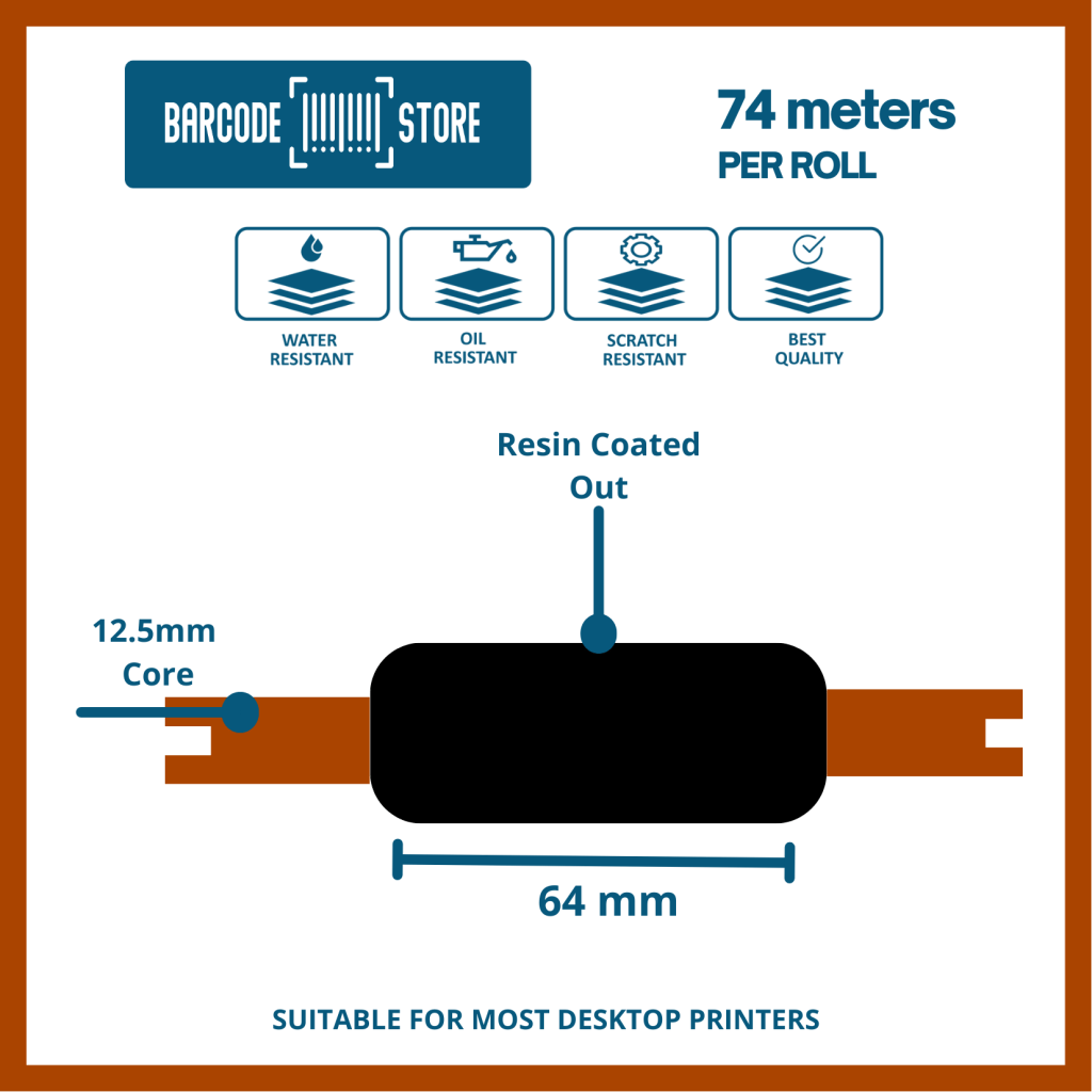 Resin Ribbons R- 64mm x 74mtrs, 12.5mm core